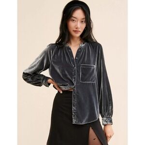 Anthropologie Pilcro Velvet Femme Buttondown Shirt Sz S Gray Holiday